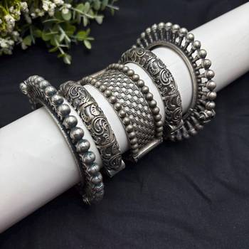 Oxidized Silver Plated Bangle Set, 5 Piece Indian Bangles, Openable screw Wide Kada Bracelet 2