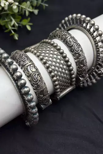 Oxidized Silver Plated Bangle Set, 5 Piece Indian Bangles, Openable screw Wide Kada Bracelet