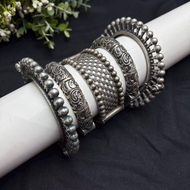 Oxidized Silver Plated Bangle Set, 5 Piece Indian Bangles, Openable screw Wide Kada Bracelet