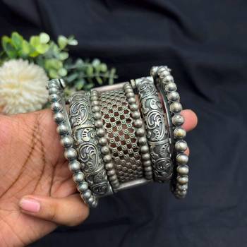 Oxidized Silver Plated Bangle Set, 5 Piece Indian Bangles, Openable screw Wide Kada Bracelet 3