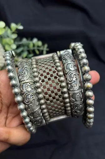 Oxidized Silver Plated Bangle Set, 5 Piece Indian Bangles, Openable screw Wide Kada Bracelet