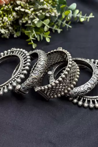 Oxidized Silver Plated Bangle Set, 5 Piece Indian Bangles, Openable screw Wide Kada Bracelet