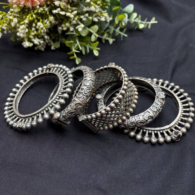 Oxidized Silver Plated Bangle Set, 5 Piece Indian Bangles, Openable screw Wide Kada Bracelet