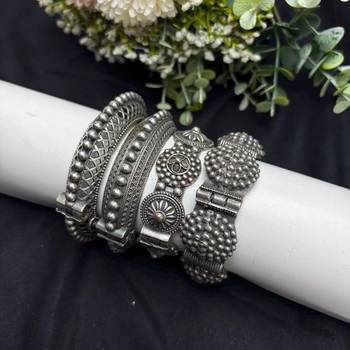 Oxidized Silver Kada Set of 4, Indian Tribal Bangles, Oxidized Brass Bangle Set 2