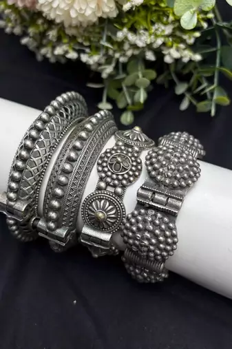 Oxidized Silver Kada Set of 4, Indian Tribal Bangles, Oxidized Brass Bangle Set