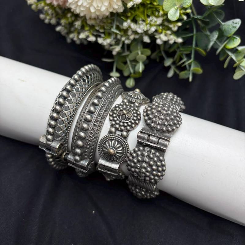Oxidized Silver Kada Set of 4, Indian Tribal Bangles, Oxidized Brass Bangle Set