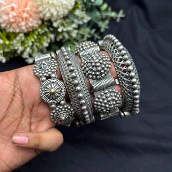 Oxidized Silver Kada Set of 4, Indian Tribal Bangles, Oxidized Brass Bangle Set 3