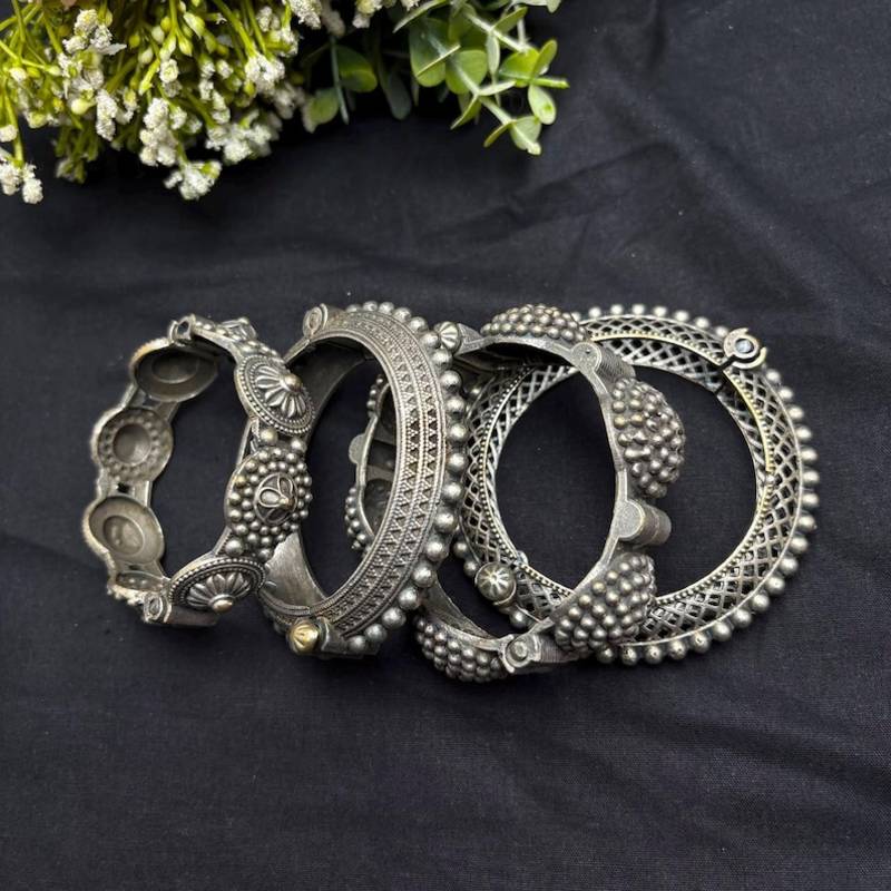 Oxidized Silver Kada Set of 4, Indian Tribal Bangles, Oxidized Brass Bangle Set