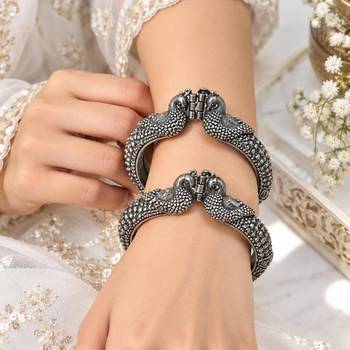 Peacock Kada Bangle, Oxidized Silver Indian Bracelet, Ethnic Peacock Jewelry 1