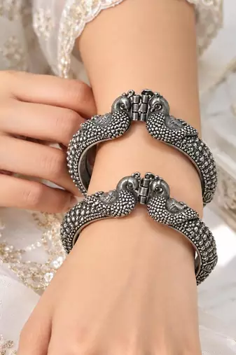 Peacock Kada Bangle, Oxidized Silver Indian Bracelet, Ethnic Peacock Jewelry