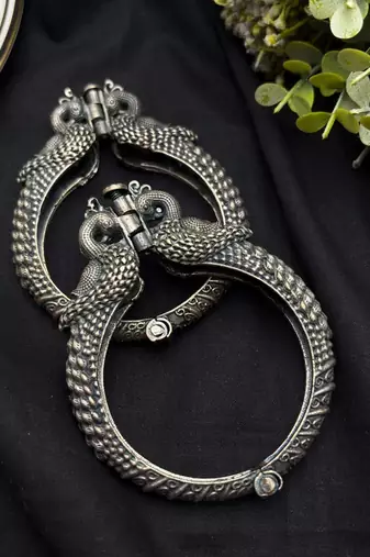 Peacock Kada Bangle, Oxidized Silver Indian Bracelet, Ethnic Peacock Jewelry