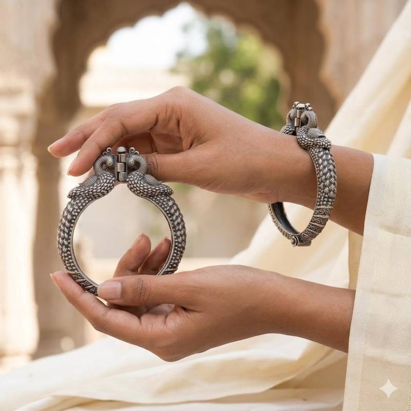 Peacock Kada Bangle, Oxidized Silver Indian Bracelet, Ethnic Peacock Jewelry