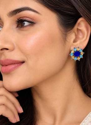 Blue Statement Earrings, Indian Floral Stud Earrings 1