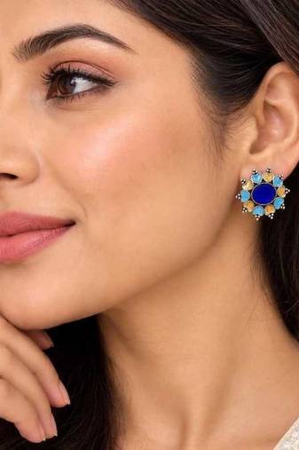 Blue Statement Earrings, Indian Floral Stud Earrings