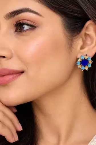 Blue Statement Earrings, Indian Floral Stud Earrings