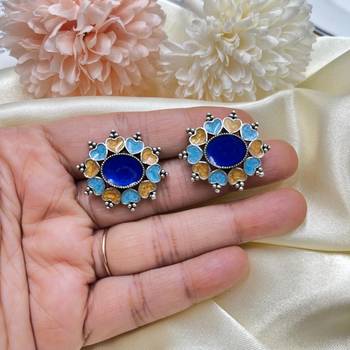 Blue Statement Earrings, Indian Floral Stud Earrings 2