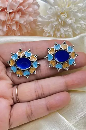 Blue Statement Earrings, Indian Floral Stud Earrings
