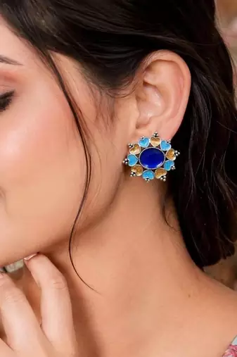 Blue Statement Earrings, Indian Floral Stud Earrings