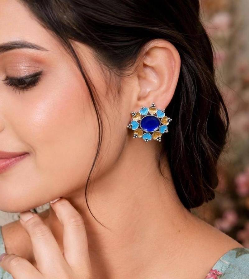 Blue Statement Earrings, Indian Floral Stud Earrings