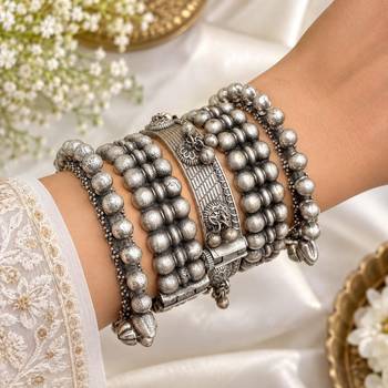 Oxidized Silver Kada Bangle Set of 5, Indian Tribal Bangles, Boho Antique Silver Bracelet Set 1