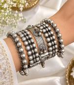 Oxidized Silver Kada Bangle Set of 5, Indian Tribal Bangles, Boho Antique Silver Bracelet Set
