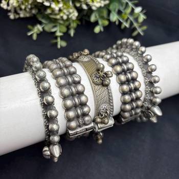 Oxidized Silver Kada Bangle Set of 5, Indian Tribal Bangles, Boho Antique Silver Bracelet Set 2