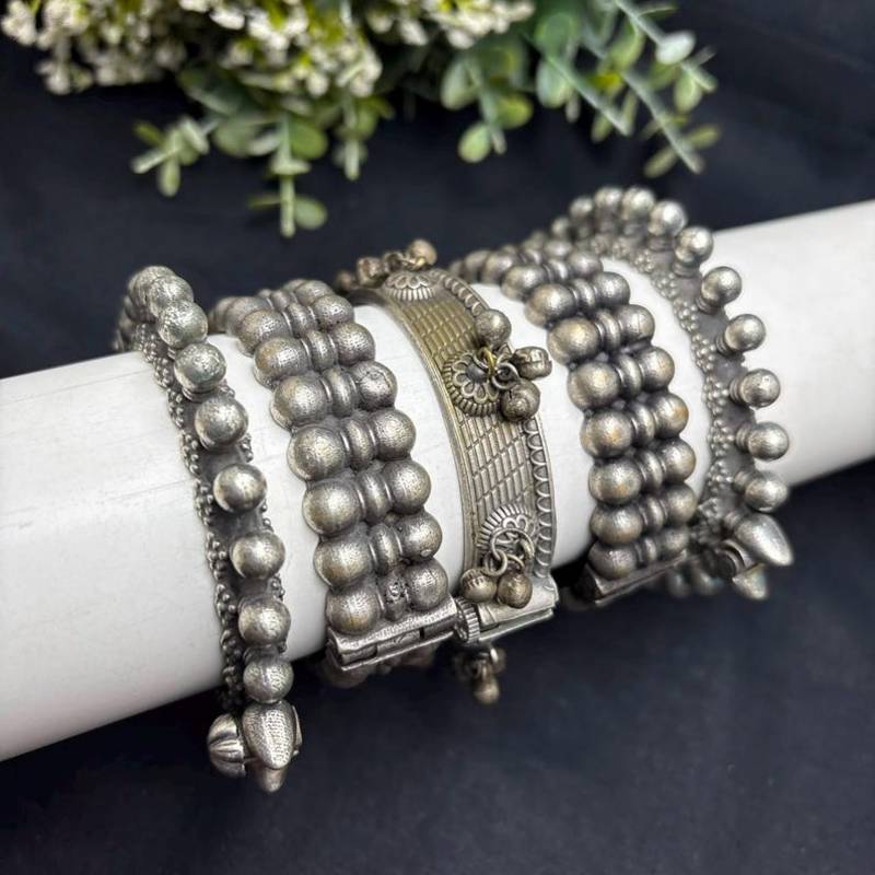 Oxidized Silver Kada Bangle Set of 5, Indian Tribal Bangles, Boho Antique Silver Bracelet Set