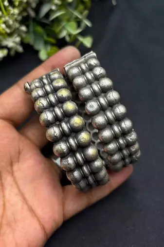 Oxidized Silver Kada Bangle Set of 5, Indian Tribal Bangles, Boho Antique Silver Bracelet Set