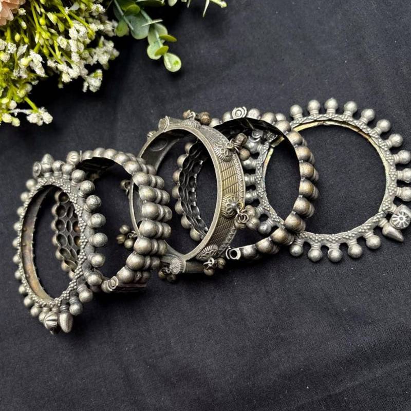 Oxidized Silver Kada Bangle Set of 5, Indian Tribal Bangles, Boho Antique Silver Bracelet Set