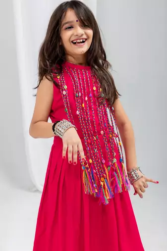 Navaratri special fancy dori work lehenga with fancy dori & cowrie work blouse for kids