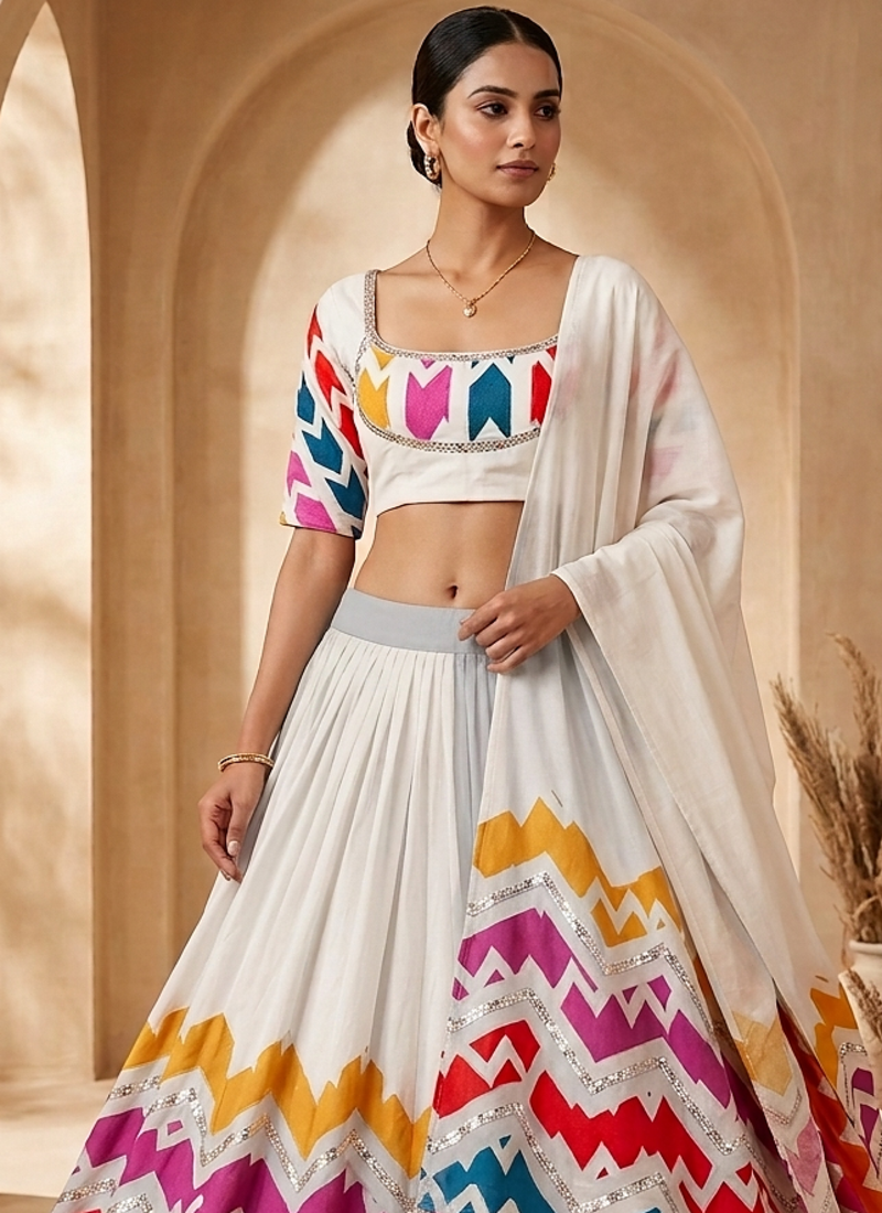 White Multicolour Navratri Lehenga Choli With Dupatta