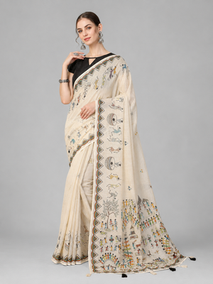 Beige woven linen saree with blouse 1
