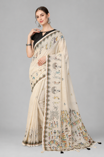 Beige woven linen saree with blouse