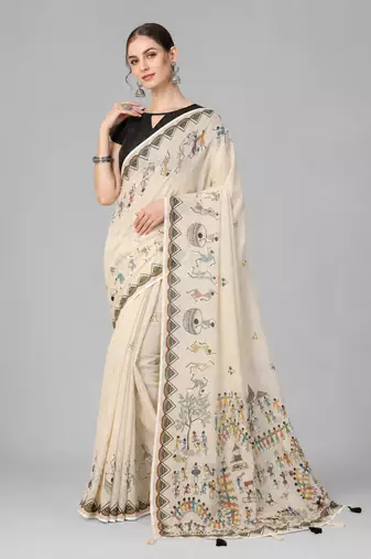 Beige woven linen saree with blouse