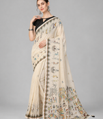 Beige woven linen saree with blouse