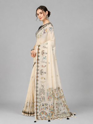 Beige woven linen saree with blouse 2
