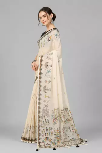 Beige woven linen saree with blouse
