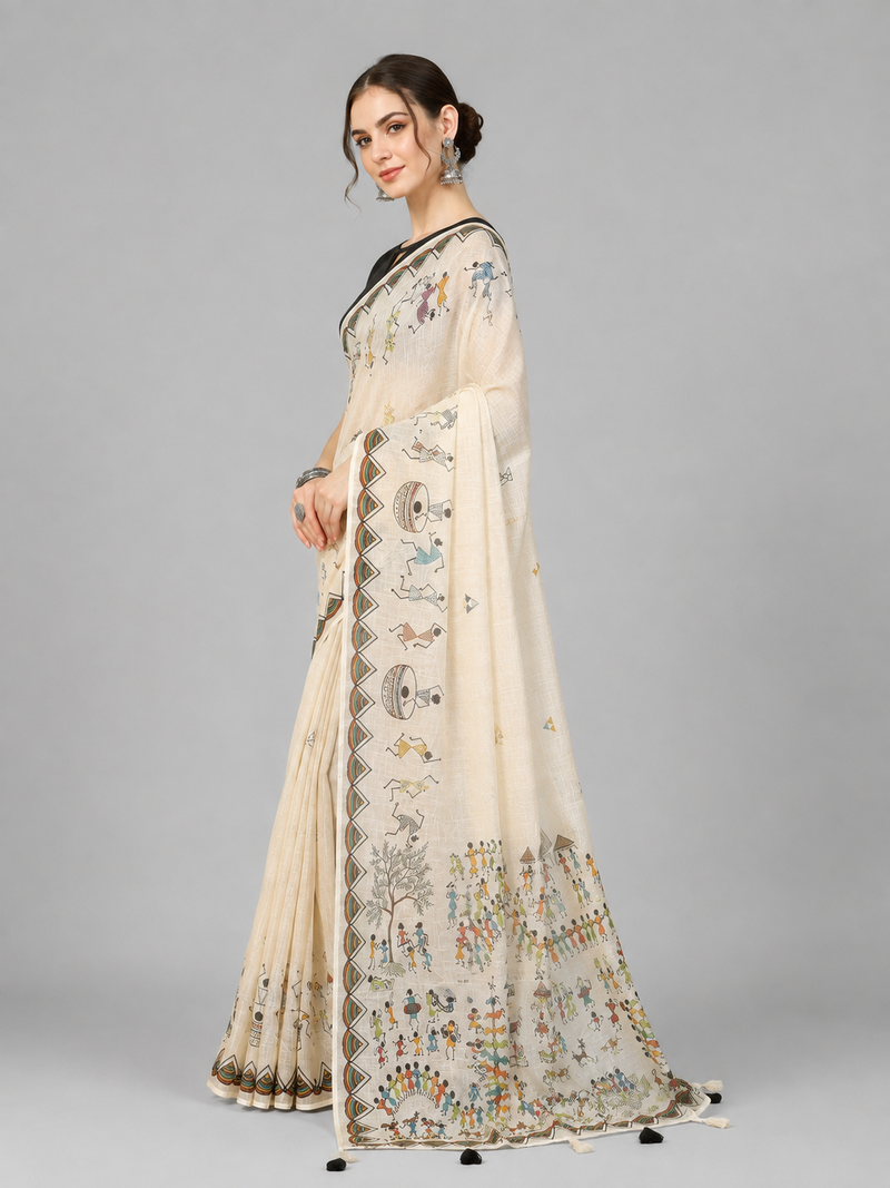 Beige woven linen saree with blouse