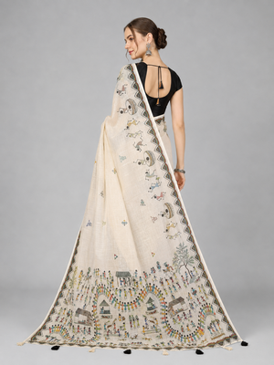 Beige woven linen saree with blouse 3