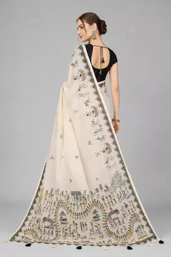 Beige woven linen saree with blouse