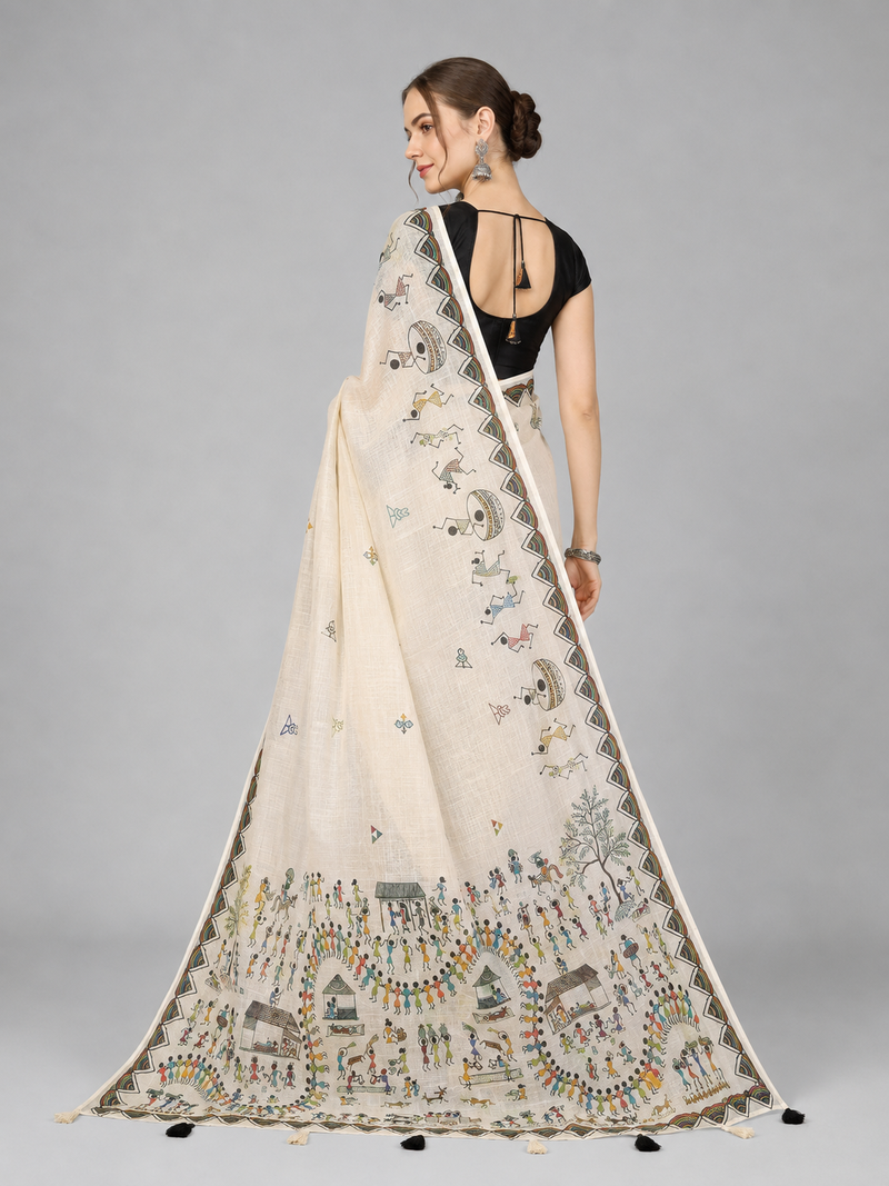 Beige woven linen saree with blouse