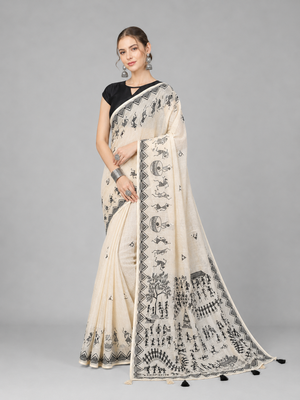 Beige woven linen saree with blouse 1