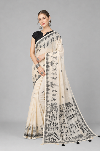 Beige woven linen saree with blouse