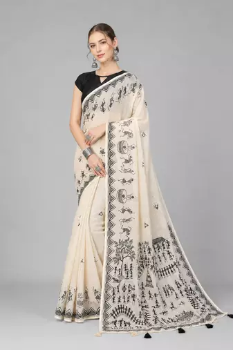 Beige woven linen saree with blouse