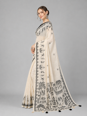 Beige woven linen saree with blouse 2