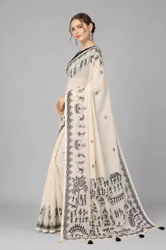 Beige woven linen saree with blouse