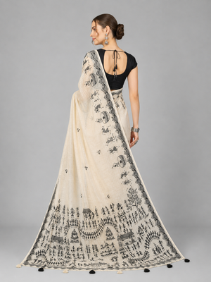 Beige woven linen saree with blouse 3