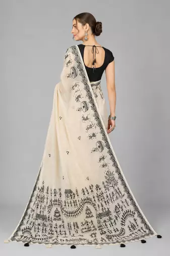 Beige woven linen saree with blouse