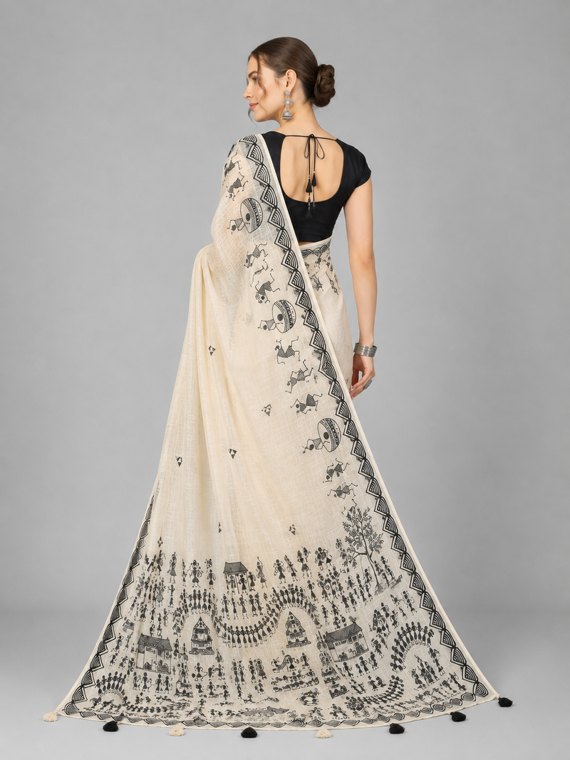 Beige woven linen saree with blouse