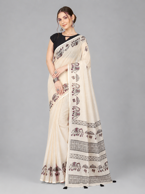 Beige woven linen saree with blouse 1